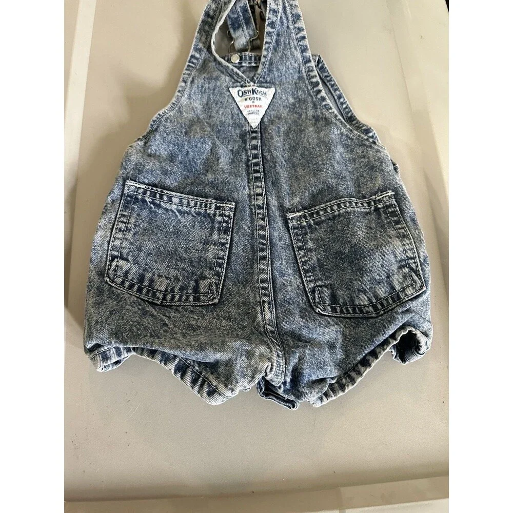 OshKosh B'gosh Denim Overall Shorts Romper One-Piece 6-9 Mo Baby Sewn On Logo